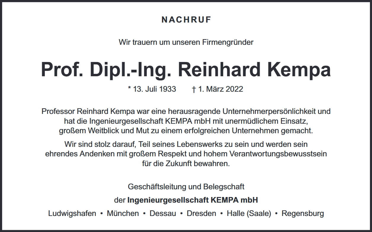 Nachruf Hr. Prof. Dipl.-Ing. Kempa